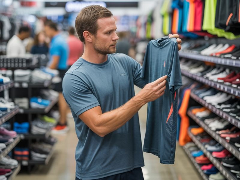 momak u sportskoj radnji drži majicu u rukama