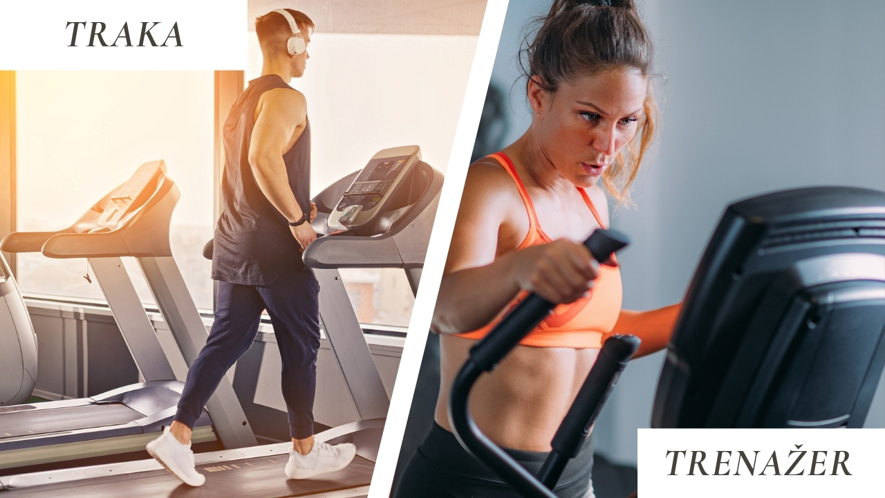 Muškarac hoda na traci za trčanje u teretani, dok žena intenzivno vežba na eliptičnom trenažeru