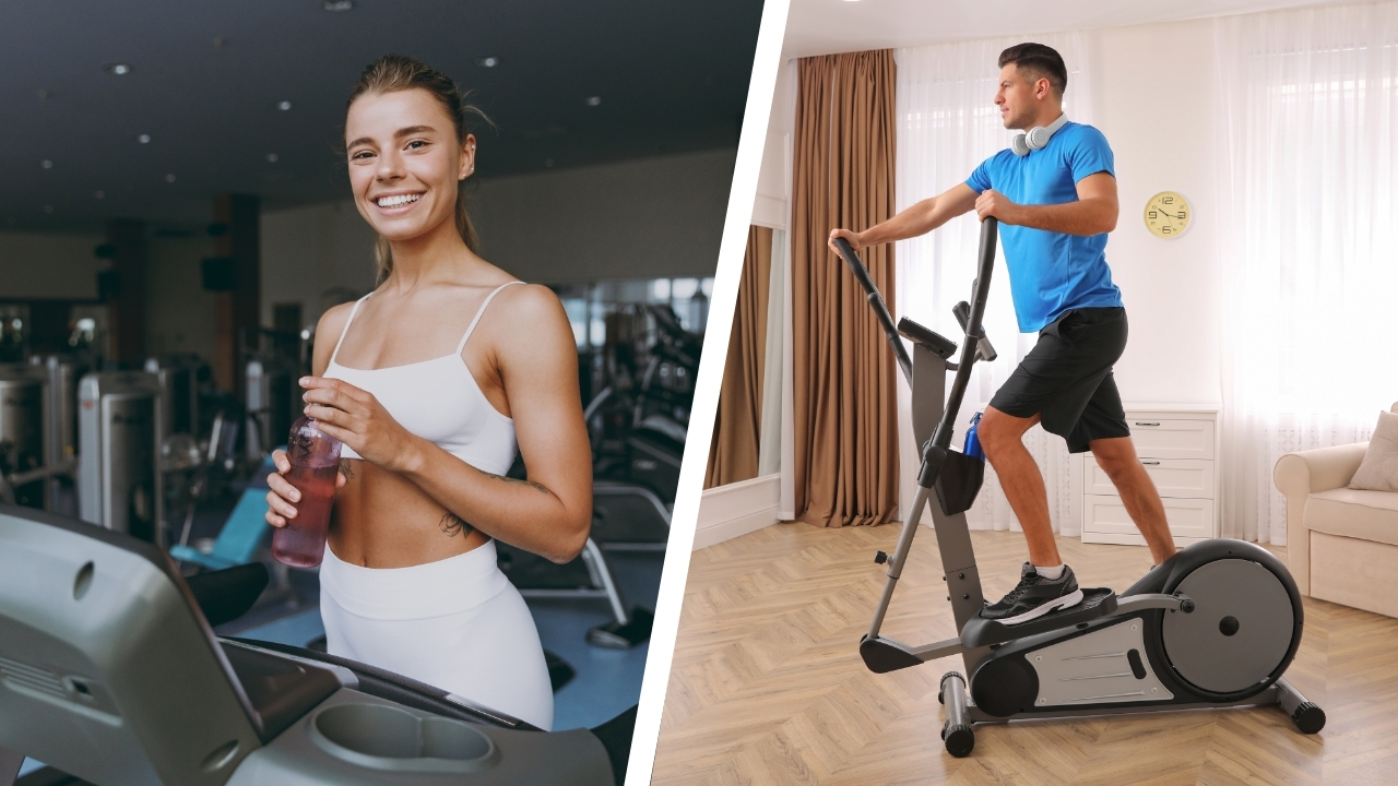 Žena stoji na traci za trčanje sa flašom vode u teretani, dok muškarac vežba na eliptičnom trenažeru kod kuće