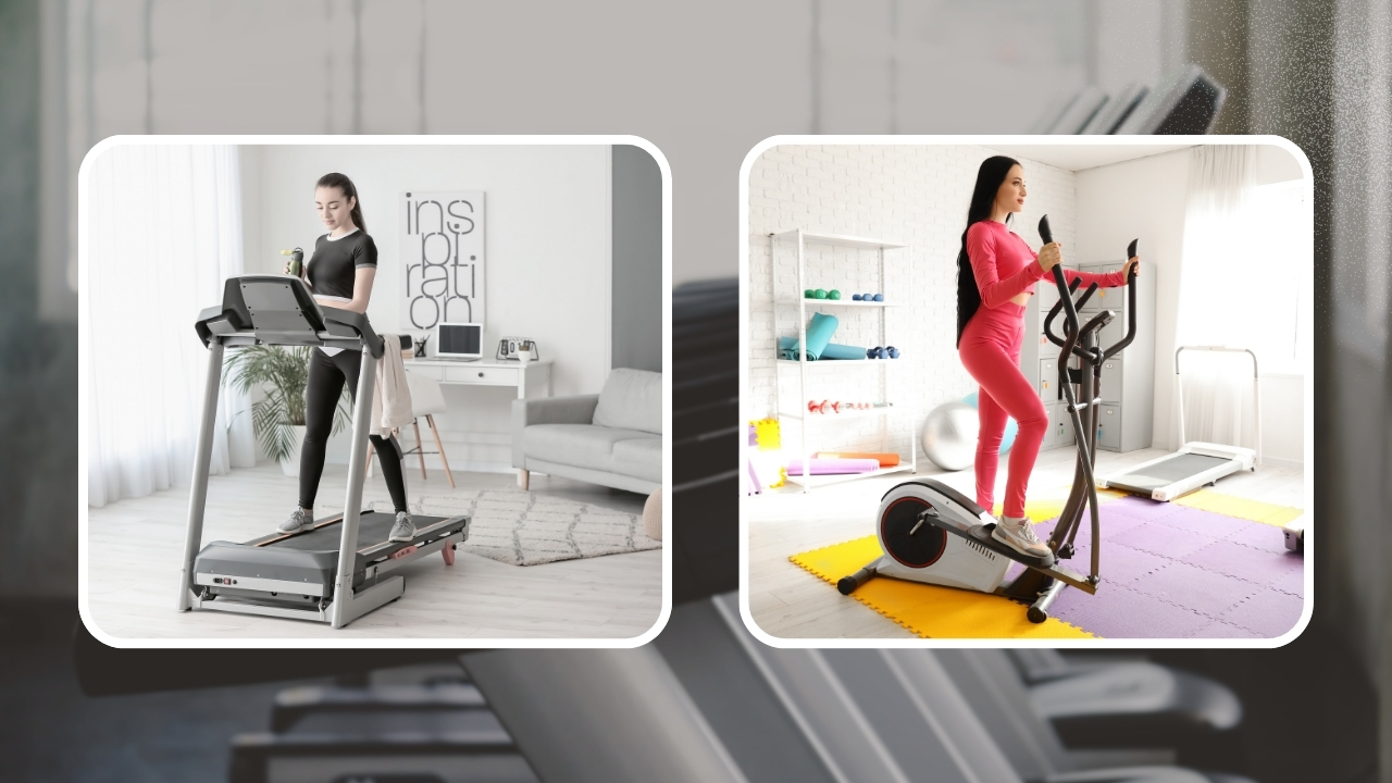 Žena hoda na traci za trčanje kod kuće, dok druga žena vežba na eliptičnom trenažeru