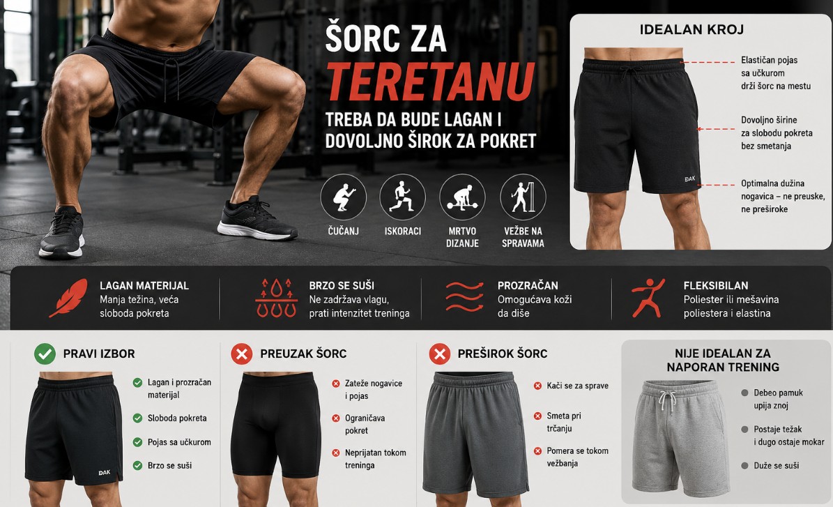 Muškarac u teretani radi čučanj u laganom crnom sportskom šorcu, uz prikaz idealnog kroja i materijala za letnji trening